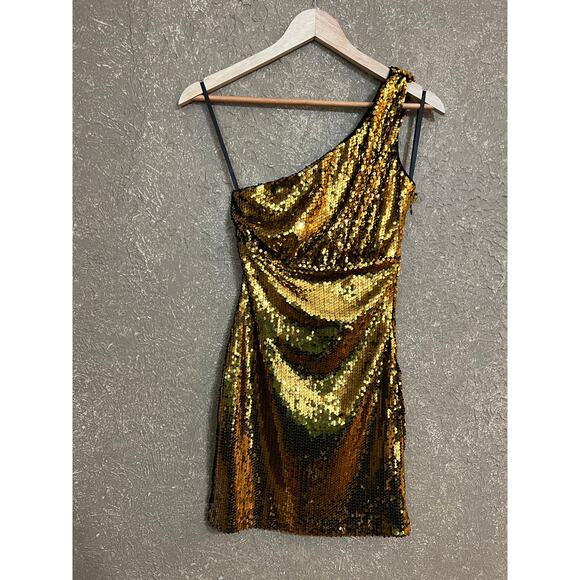 Superdown Belle Gold and Black Sequin One Shoulder Mini Dress XXS - Picture 3 of 10